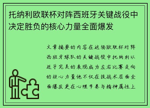 托纳利欧联杯对阵西班牙关键战役中决定胜负的核心力量全面爆发
